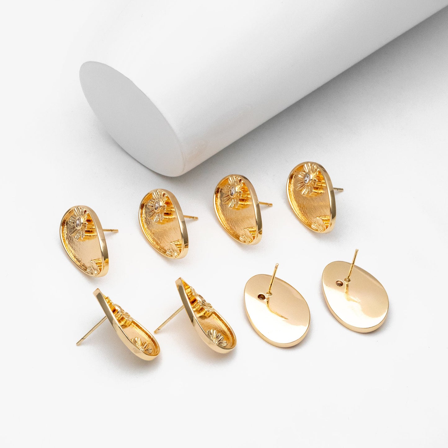 10pcs CZ Pave Gold Flower Oval Earrings, Gold Plated Brass, Dainty Geometric Stud Earrings (#GB-4318)