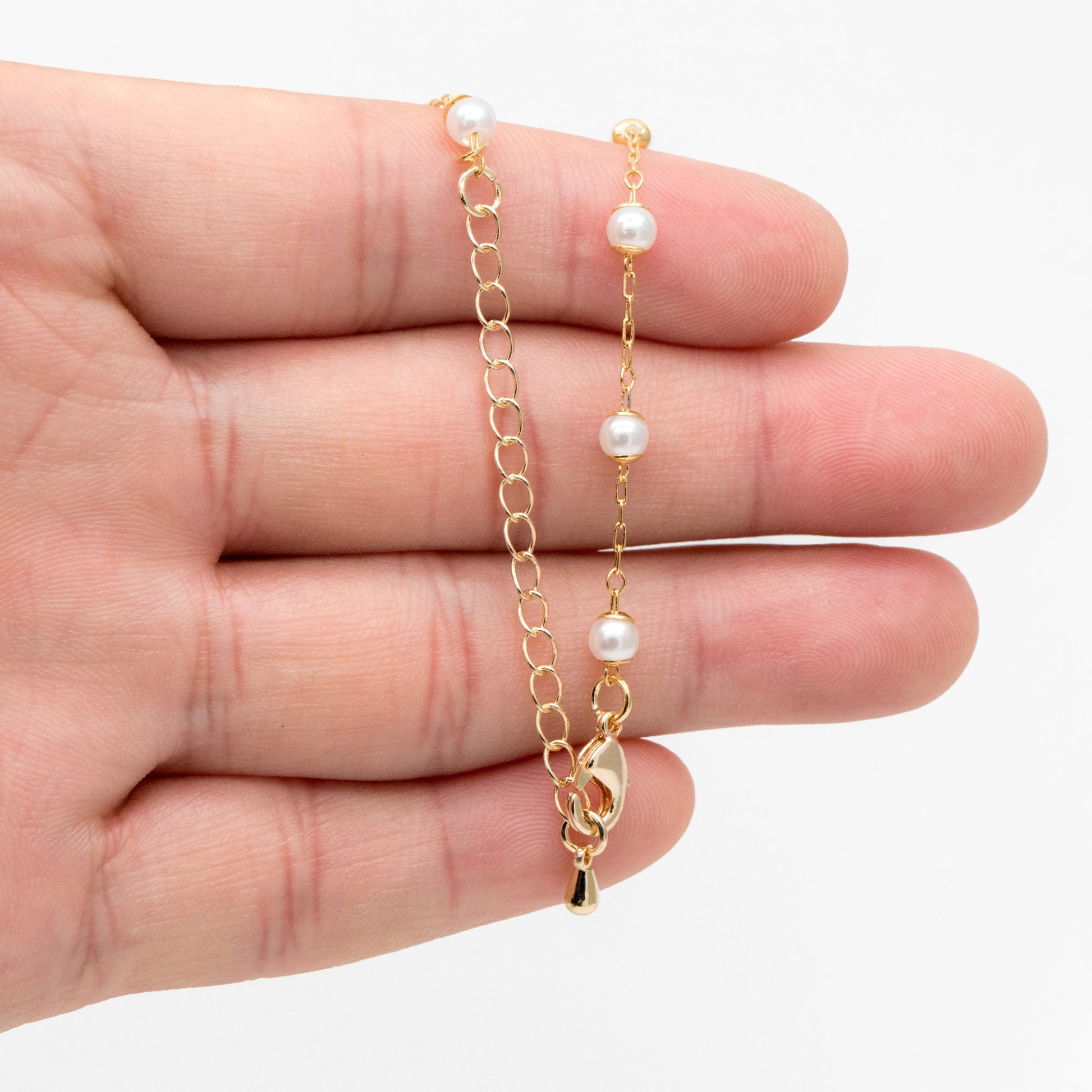 Gold Faux Pearl Beaded Chain, Finished Bracelet/ Anklet/ Necklace with Extender Chain, Ready to Wear (#LK-505)