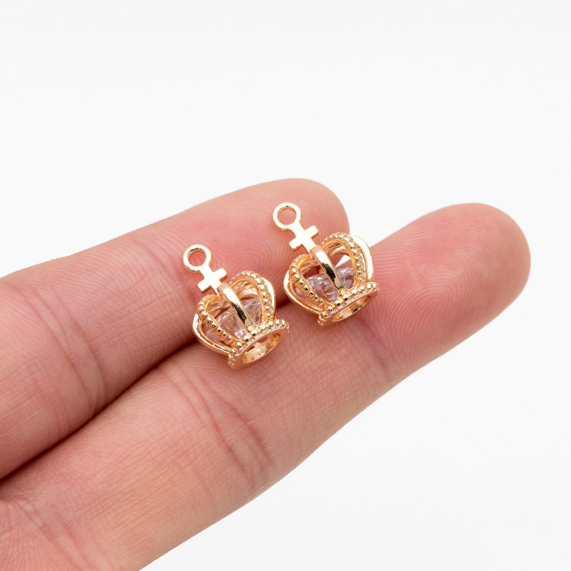 4pcs Gold Crown Charms with CZ Diamond, Real Gold plated Brass Crown Pendants 15x11mm, Lead Nickel Free (GB-187)