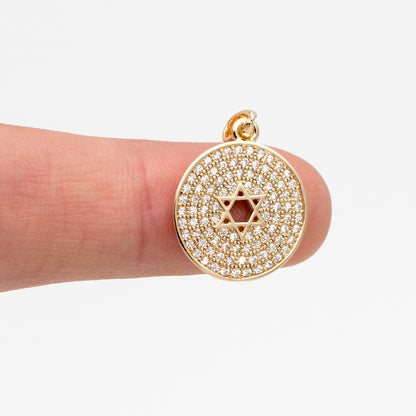 2pcs CZ Micro Pave Gold Round Charms 16x22mm, Hexagram Pattern Coin Necklace Pendants (GB-188)