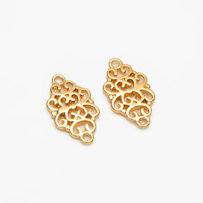 10pcs Gold /Silver Filigree Charms 17mm, Real Gold/ Rhodium plated Brass Floral Connectors with Loops (GB-191)