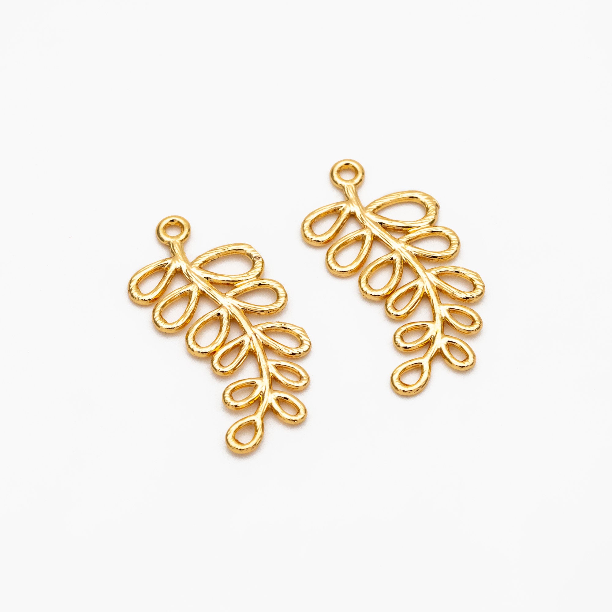 10pcs Gold Leaf Charms 24mm, Real Gold plated Brass Branch Pendants (GB-120-B)