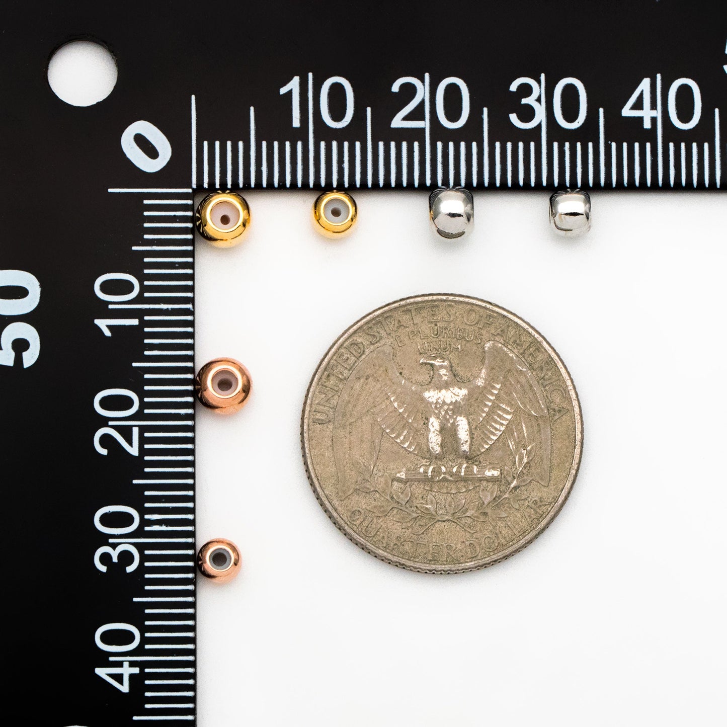20pcs Gold/ Silver/ Rose Gold Round Rubber Stopper Beads 3/4/5mm, Gold/ Rhodium plated Brass, Tiny Rondelle Charm Holder Connector (GB-392)