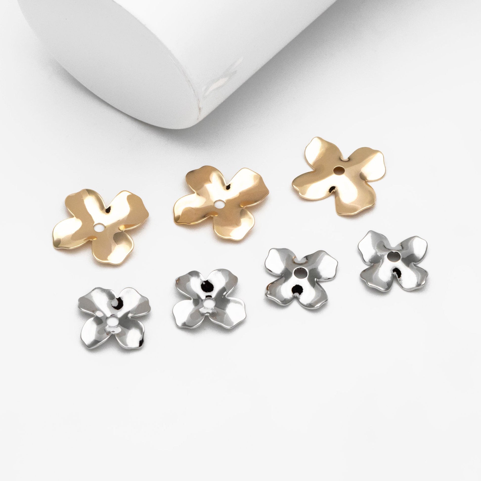 10pcs Gold/ Silver tone Flower Charms, Real Gold/ Rhodium plated Brass Bead Caps, Floral Disc Spacer Beads (GB-852)