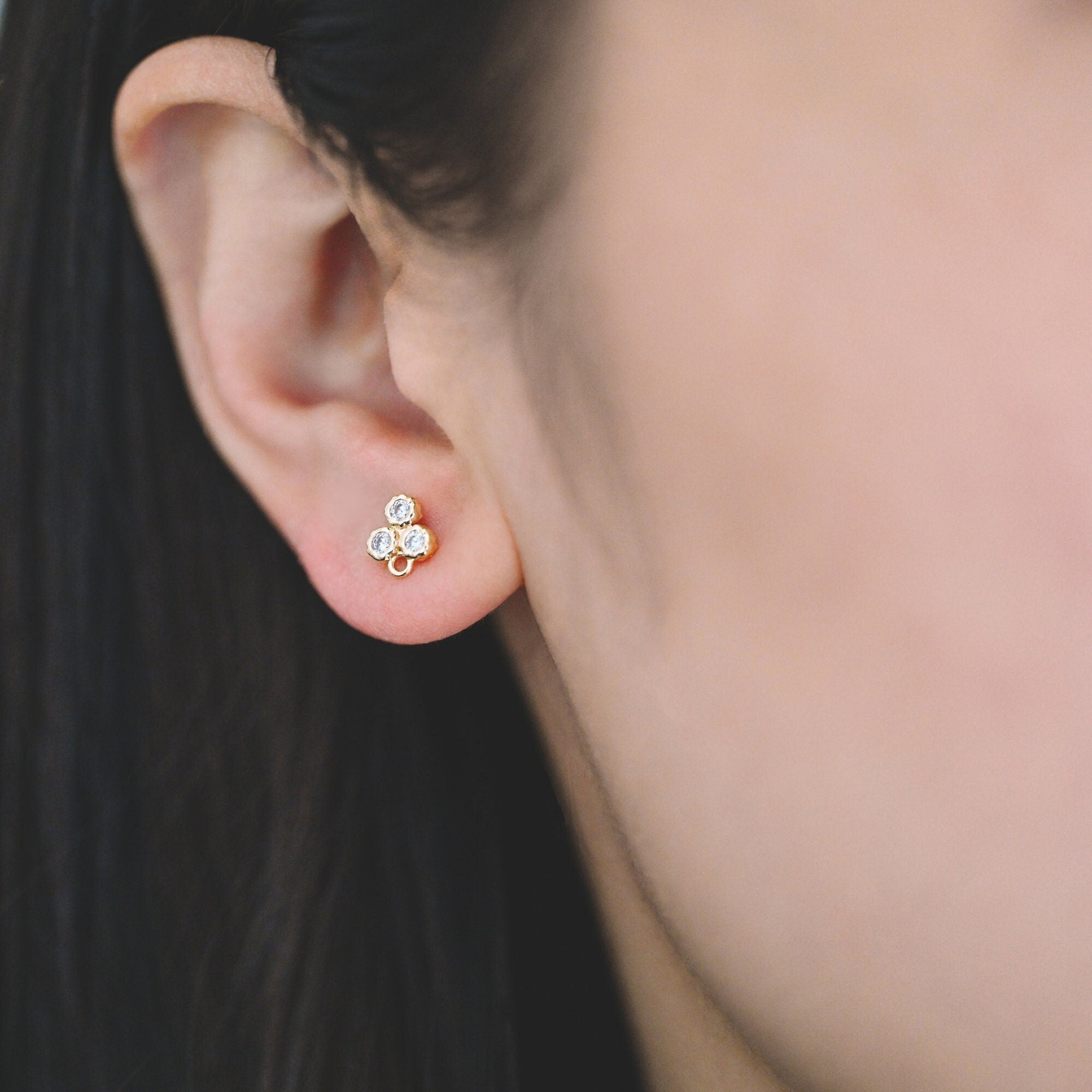 4pcs CZ Pave Three Dot Trio Stud Earring with Loop, Gold Plated Brass, Tiny Trinity Dainty Stud Earring (GB-3851)