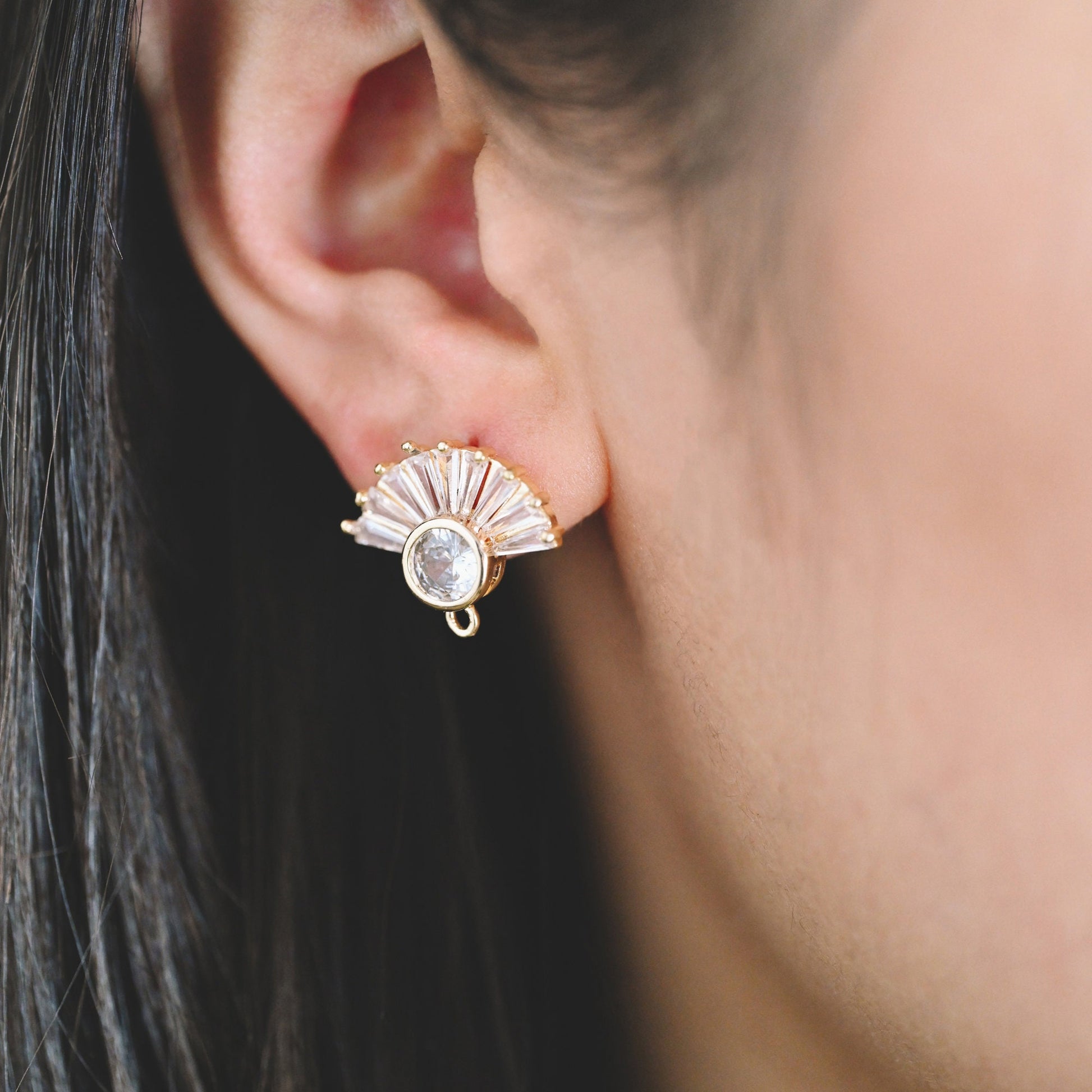 4pcs CZ Pave Gold Fan Shape Earring with Loop, Gold Plated Brass Fan Stud Earrings (#GB-3874)