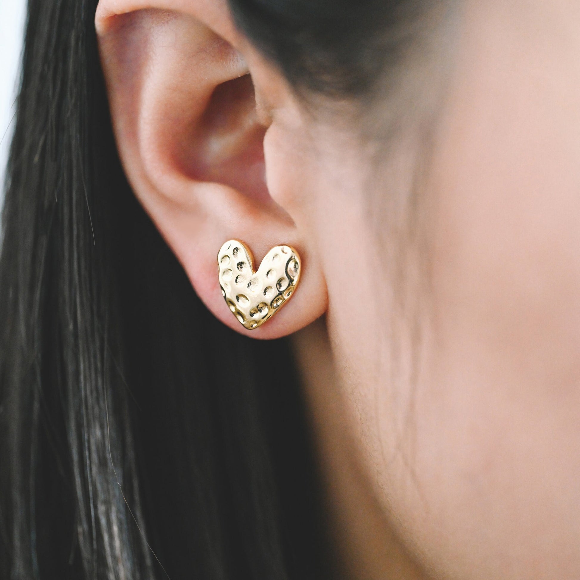 10pcs Gold/ Silver Hammered Heart Ear Post with Loop, Real Gold/ Rhodium plated Brass, Geometric Earring Studs (GB-3917)