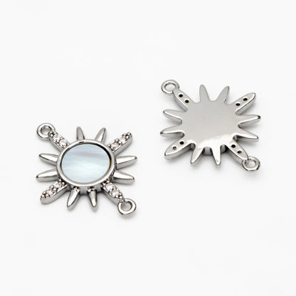 4pcs Shell Pave Gold/ Silver Sun Charms, 18K Gold/ Rhodium plated Brass, CZ Sun Pendants Connector (GB-2000-A)