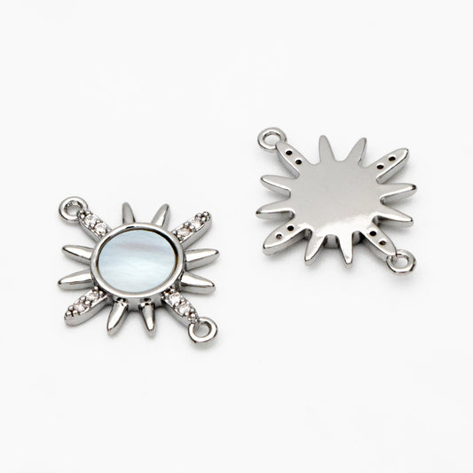 4pcs Shell Pave Gold/ Silver Sun Charms, 18K Gold/ Rhodium plated Brass, CZ Sun Pendants Connector (GB-2000-A)