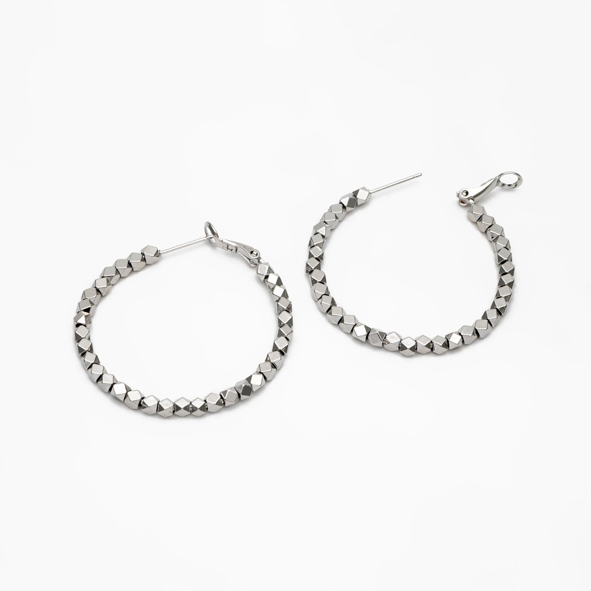 4pcs Gold/ Silver Beaded Round Hoop Earrings 42mm, 18K Gold/ Rhodium plated Brass, Geometric Hoop Earrings (GB-3790)
