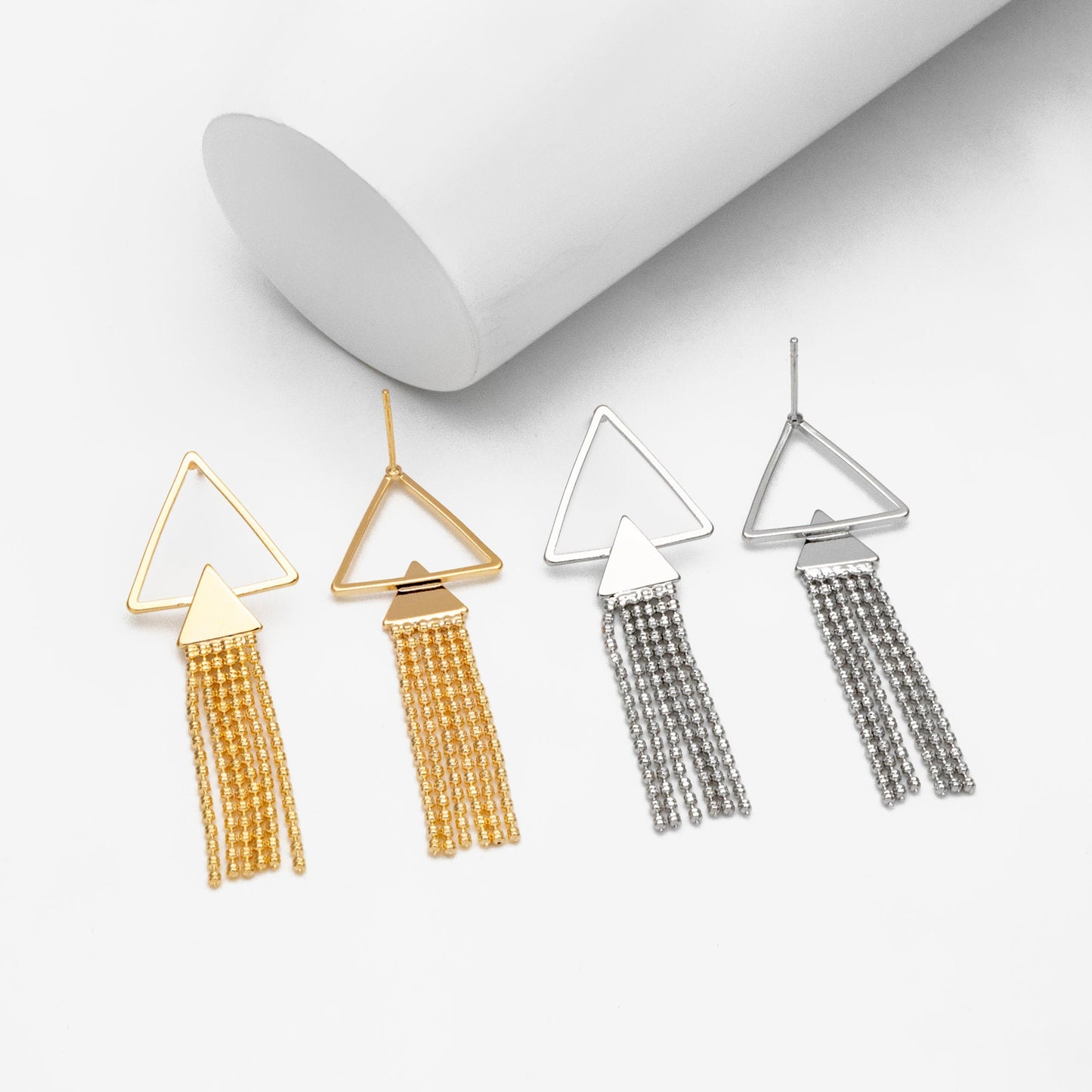 4pcs Gold/ Silver tone Triangle Tassel Earrings 50x18mm, 18K Gold/ Rhodium plated Brass Dangling Stud Earring (GB-4314)
