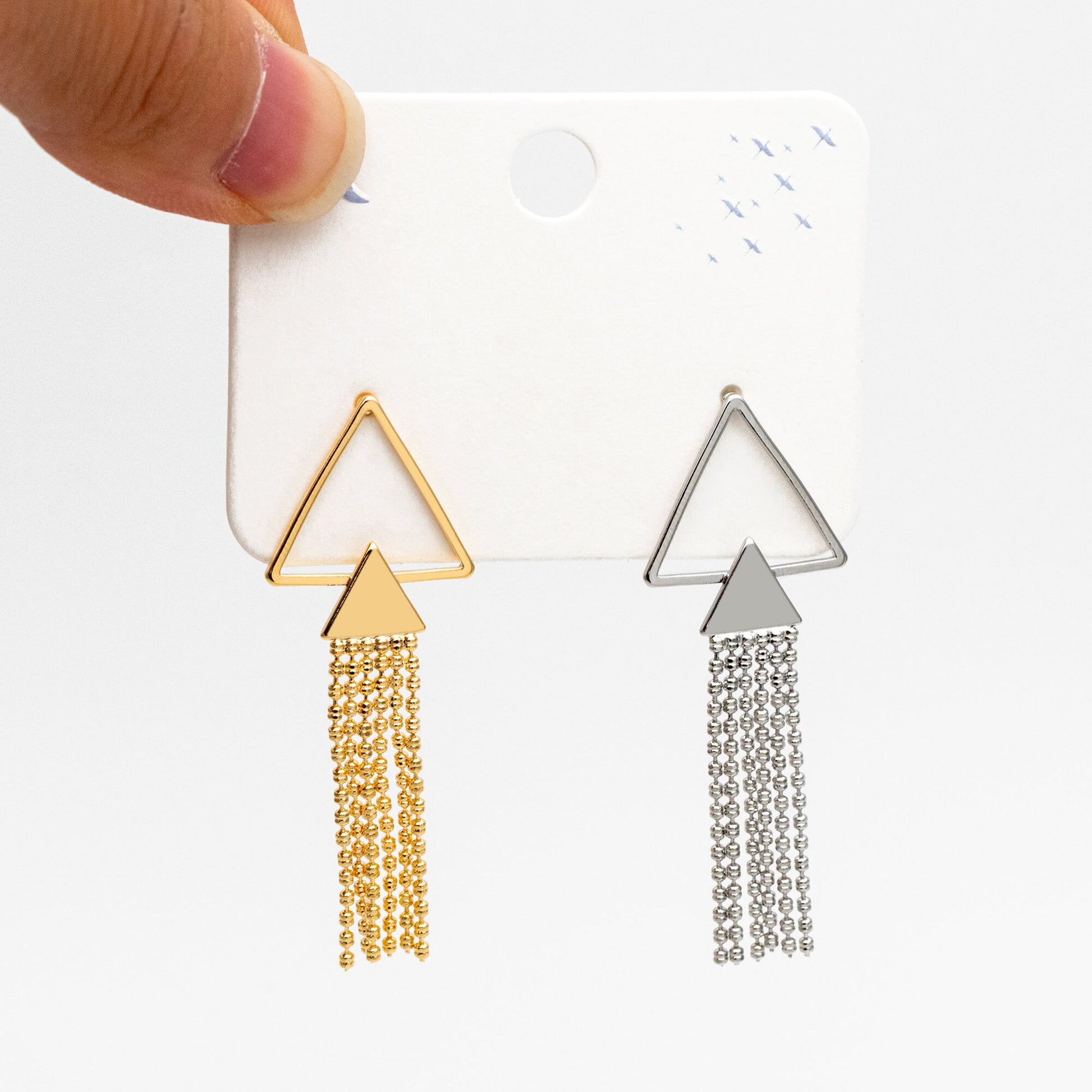 4pcs Gold/ Silver tone Triangle Tassel Earrings 50x18mm, 18K Gold/ Rhodium plated Brass Dangling Stud Earring (GB-4314)