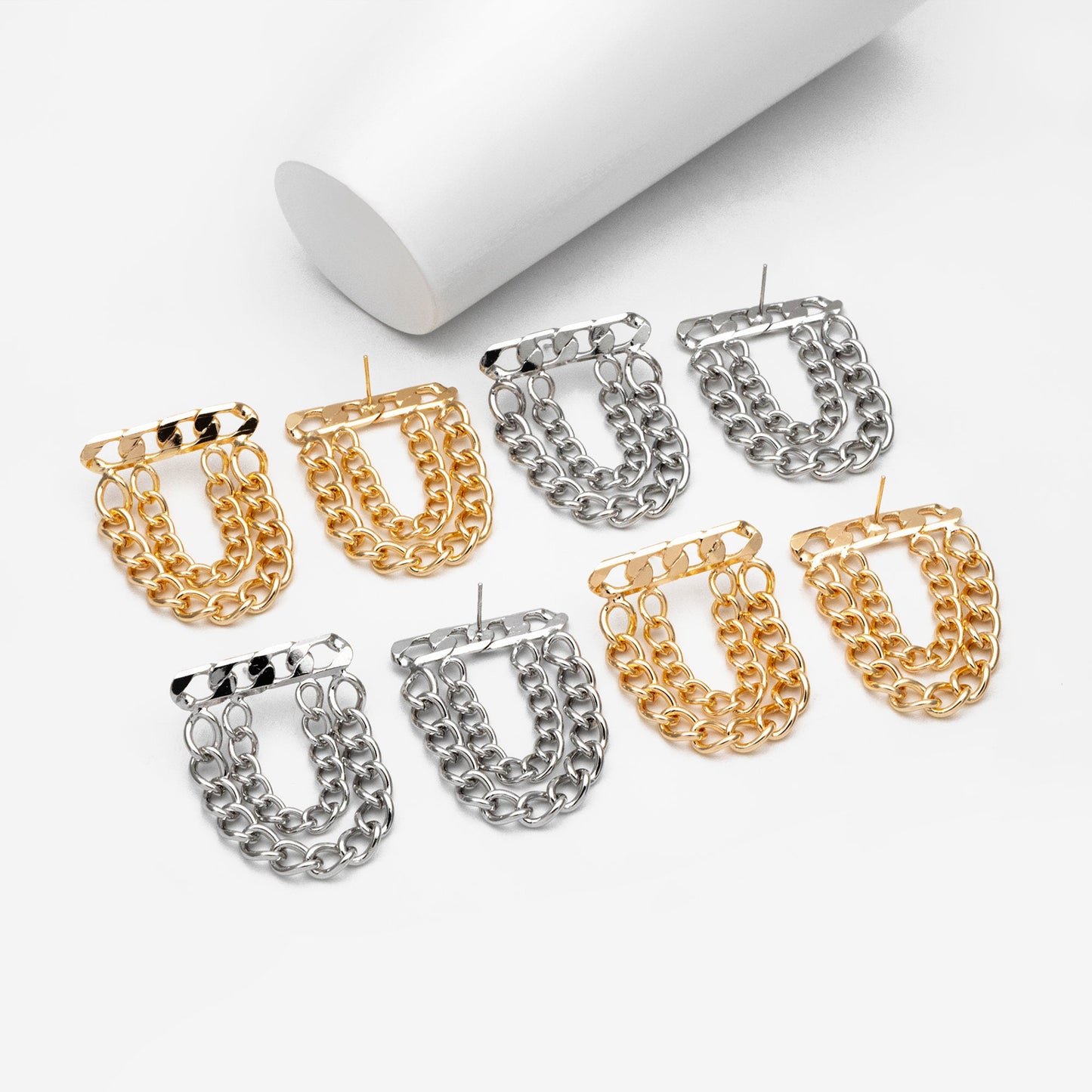 4pcs Gold/ Silver tone Chain Dangle Earrings, 18K Gold/ Rhodium plated Brass, Drop Earrings, Double Chain Earring (GB-4317)