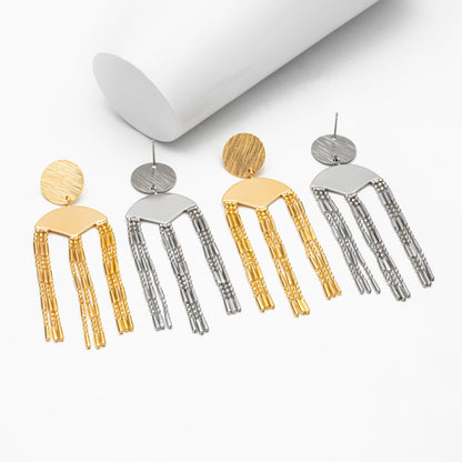 4pcs Gold/ Silver Round Disc Tassel Earrings, 18K Gold/ Rhodium plated Brass, Tassel Stud Earring, Dangling Earrings (GB-4319)
