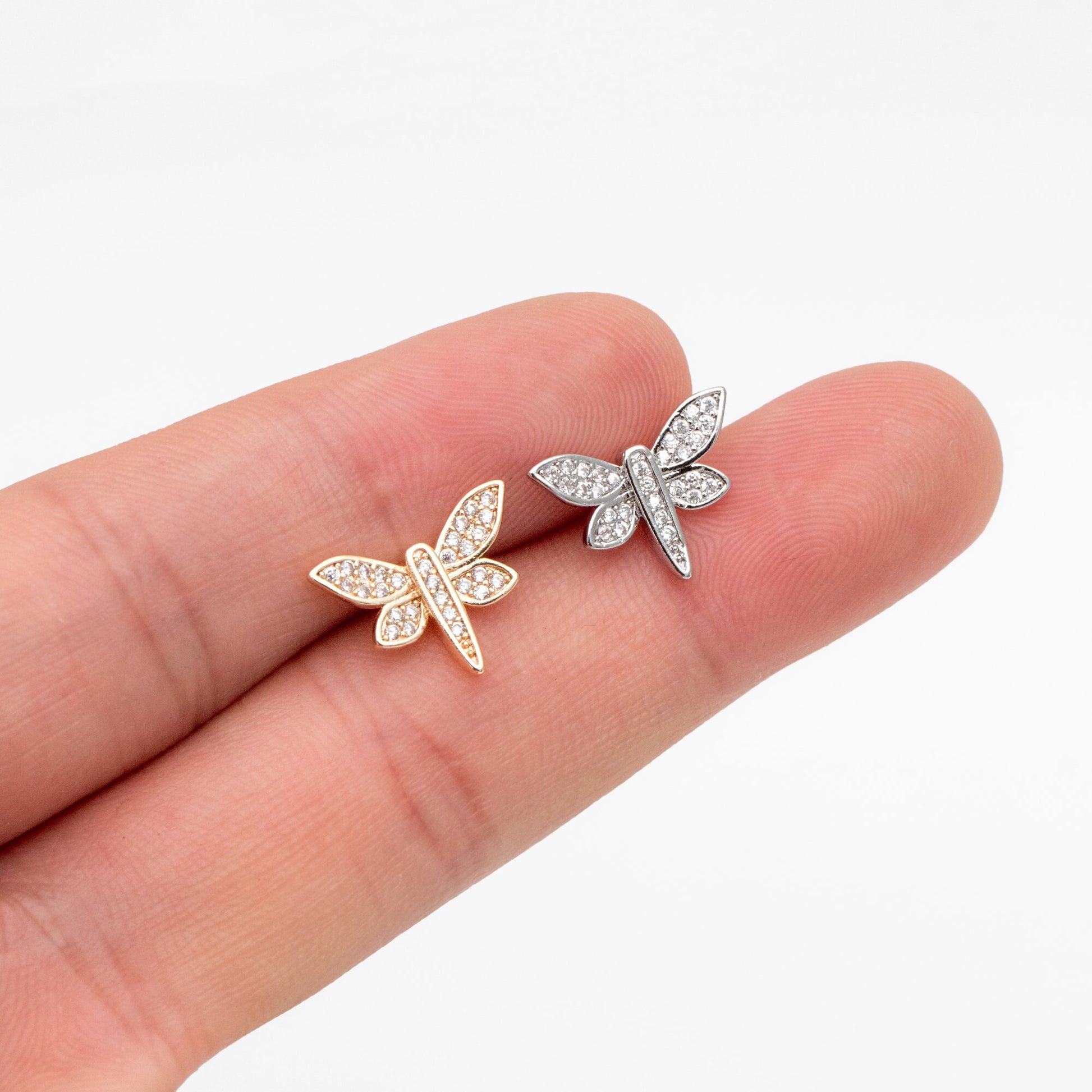 4pcs CZ Pave Gold/ Silver Dragonfly Earrings, Dianty Dragonfly Ear Studs, Jewelry Supplies (GB-4320)