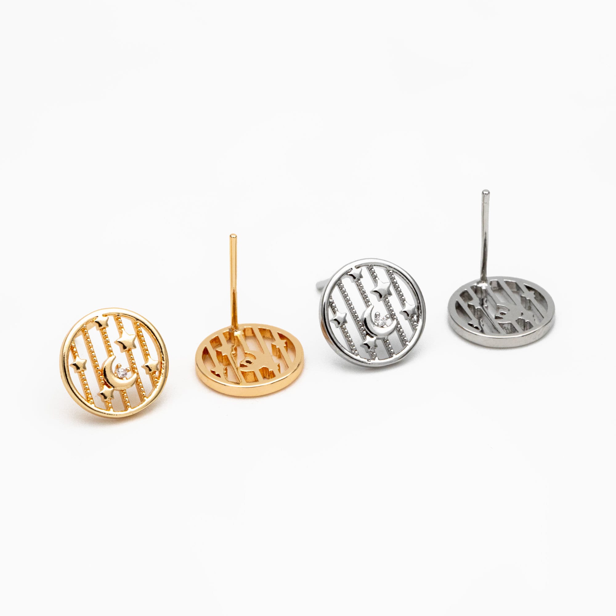 10pcs CZ Pave Gold/ Silver Moon and Star Earrings, Real Gold/ Rhodium Plated Brass, Round Stud Earrings (GB-4321)