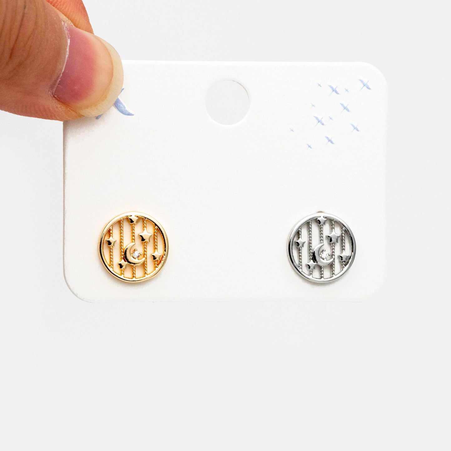 10pcs CZ Pave Gold/ Silver Moon and Star Earrings, Real Gold/ Rhodium Plated Brass, Round Stud Earrings (GB-4321)