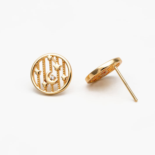 10pcs CZ Pave Gold/ Silver Moon and Star Earrings, Real Gold/ Rhodium Plated Brass, Round Stud Earrings (GB-4321)