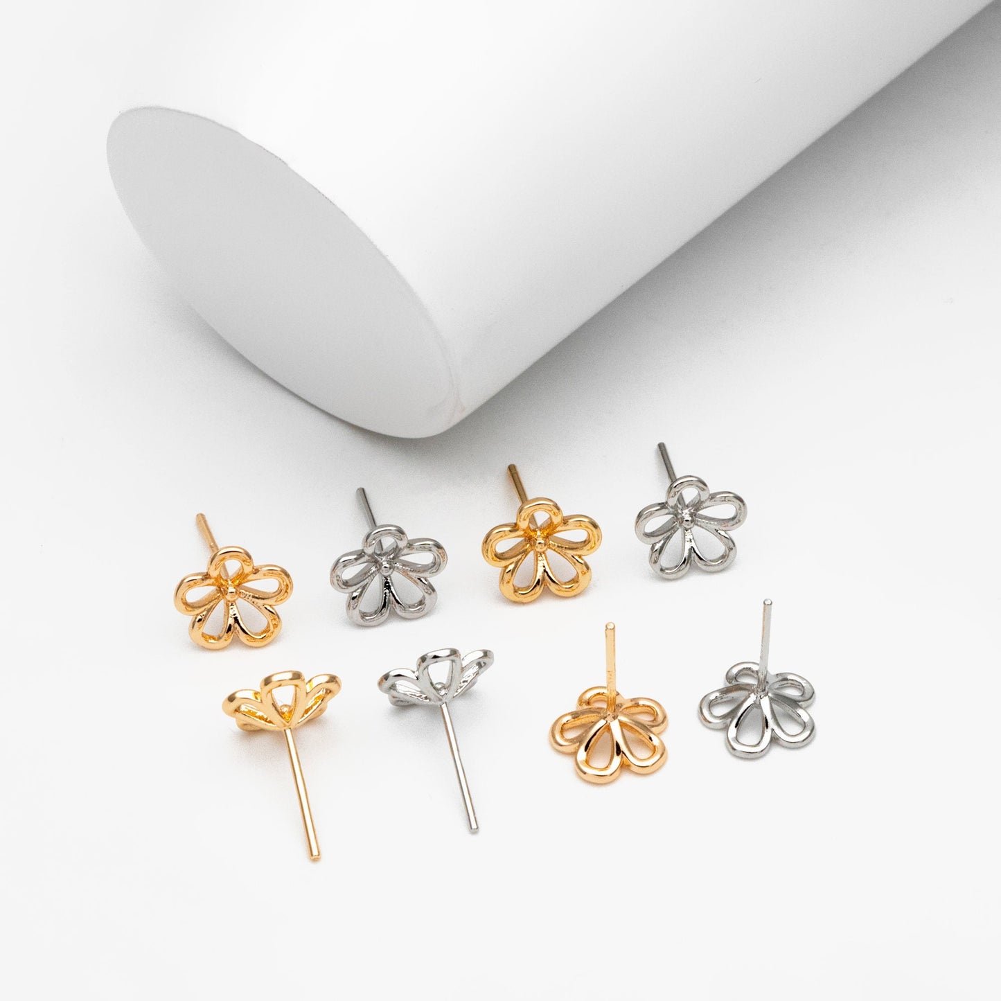 10pcs Gold/ Silver Tone Hollow Flower Stud Earring, Gold/ Rhodium Plated Brass Dainty Earrings (GB-4322)
