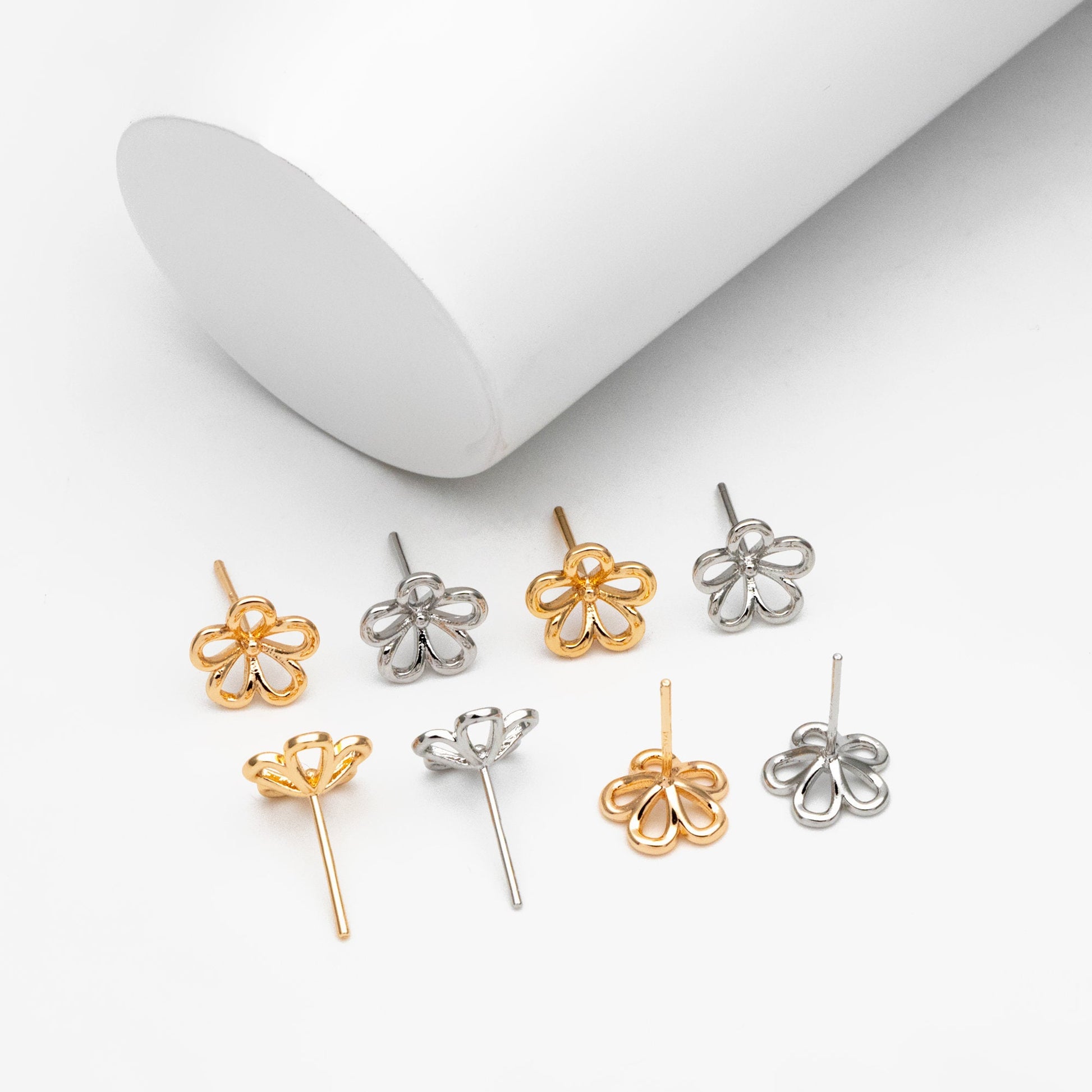 10pcs Gold/ Silver Tone Flower Earring, 10mm, Gold/ Rhodium Plated Brass Dainty Stud Earrings (GB-4322)