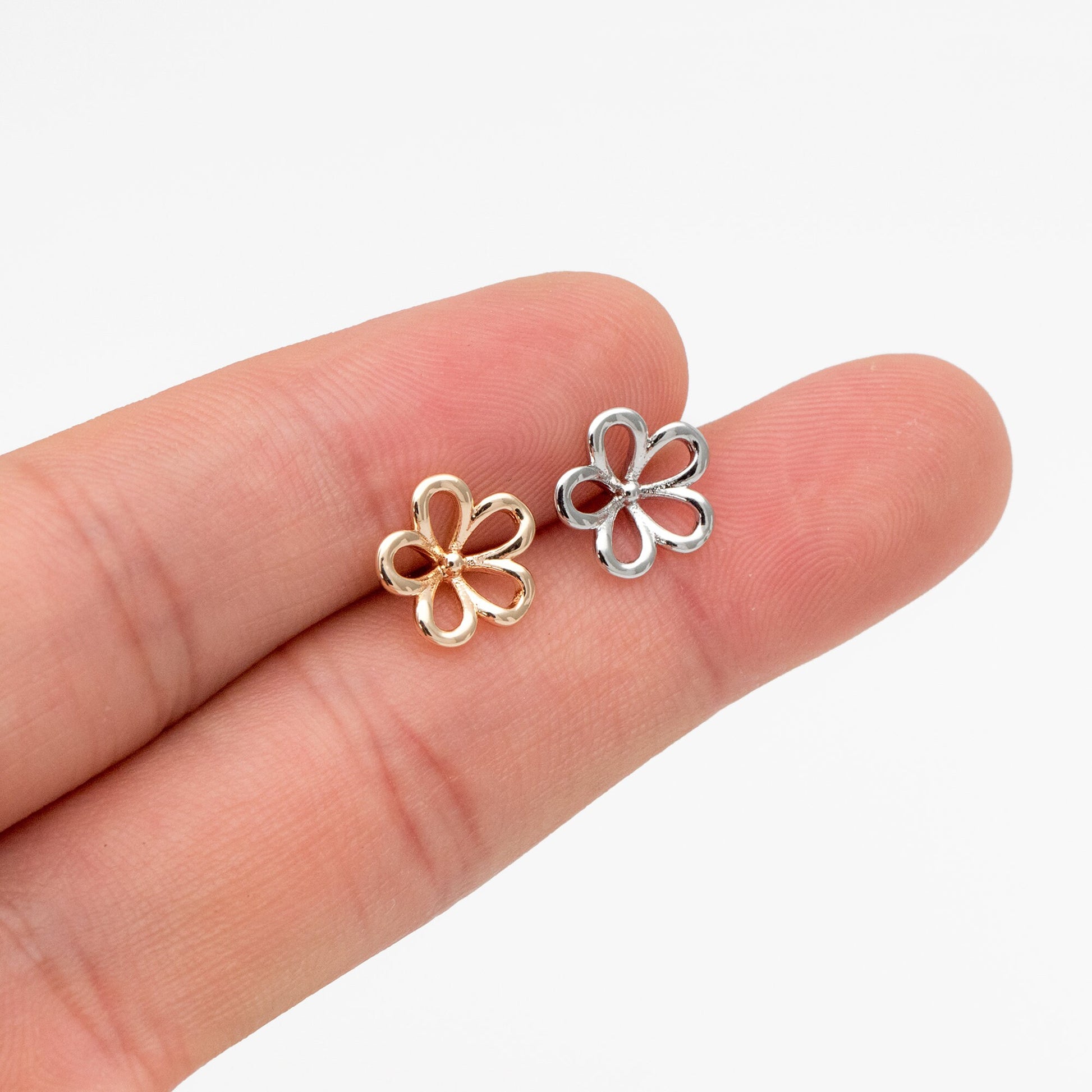 10pcs Gold/ Silver Tone Hollow Flower Stud Earring, Gold/ Rhodium Plated Brass Dainty Earrings (GB-4323-C)