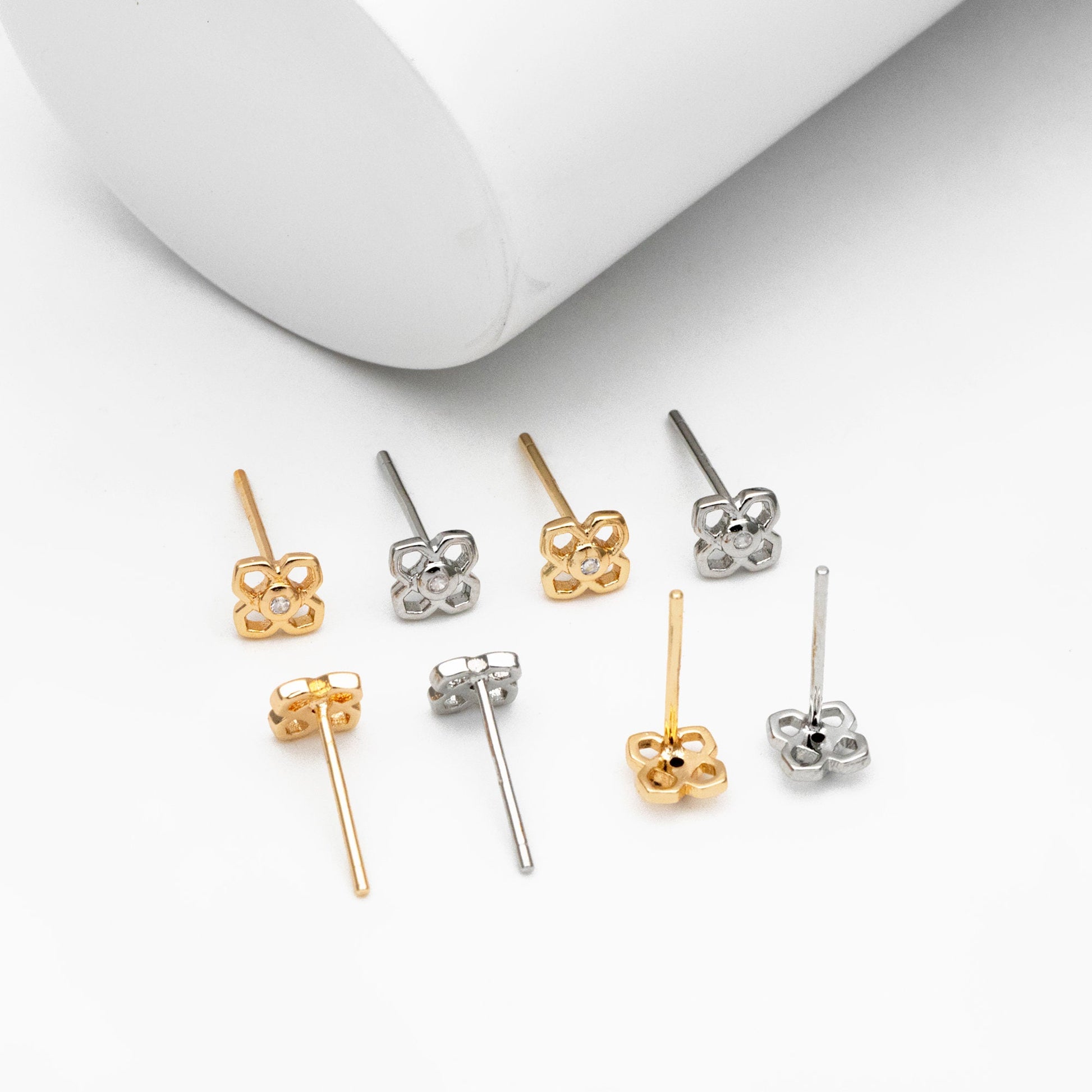 10pcs CZ paved Gold/ Silver Flower Earrings, 5mm, Gold/ Rhodium Plated Brass Dainty Stud Earrings, DIY Ear Findings (GB-4325)
