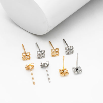 10pcs CZ paved Gold/ Silver Flower Earrings, 5mm, Gold/ Rhodium Plated Brass Dainty Stud Earrings, DIY Ear Findings (GB-4325)