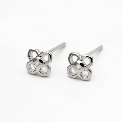 10pcs CZ paved Gold/ Silver Flower Earrings, 5mm, Gold/ Rhodium Plated Brass Dainty Stud Earrings, DIY Ear Findings (GB-4325)