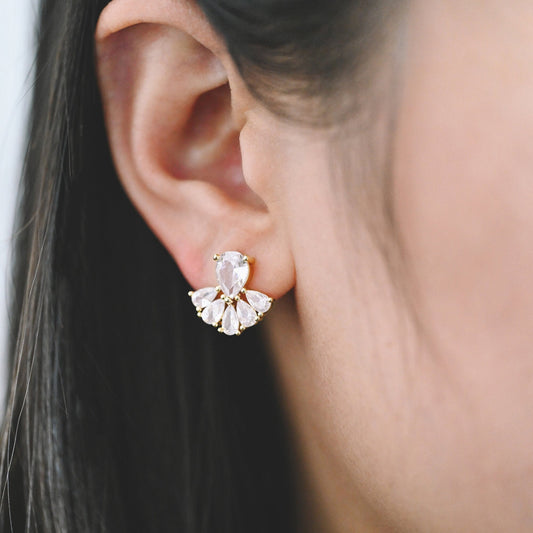 4pcs CZ Pave Gold Fan Shape Earring Posts, Gold Plated Brass Fan Stud Earrings (GB-3961)