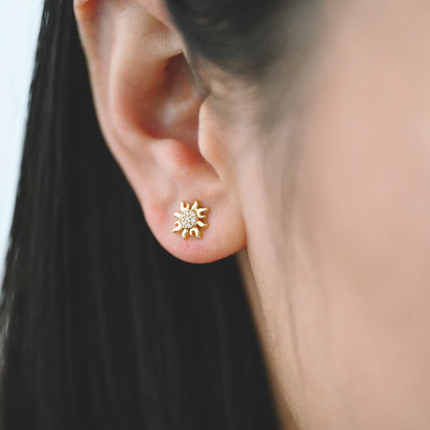 10pcs CZ Pave Gold Sun Earrings 9mm, Real Gold Plated Brass Stud Earrings (#GB-3041-L)