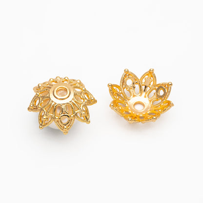 10pcs Gold Floral Bead Caps: 18K Gold Plated Brass, 15mm (GB-193)