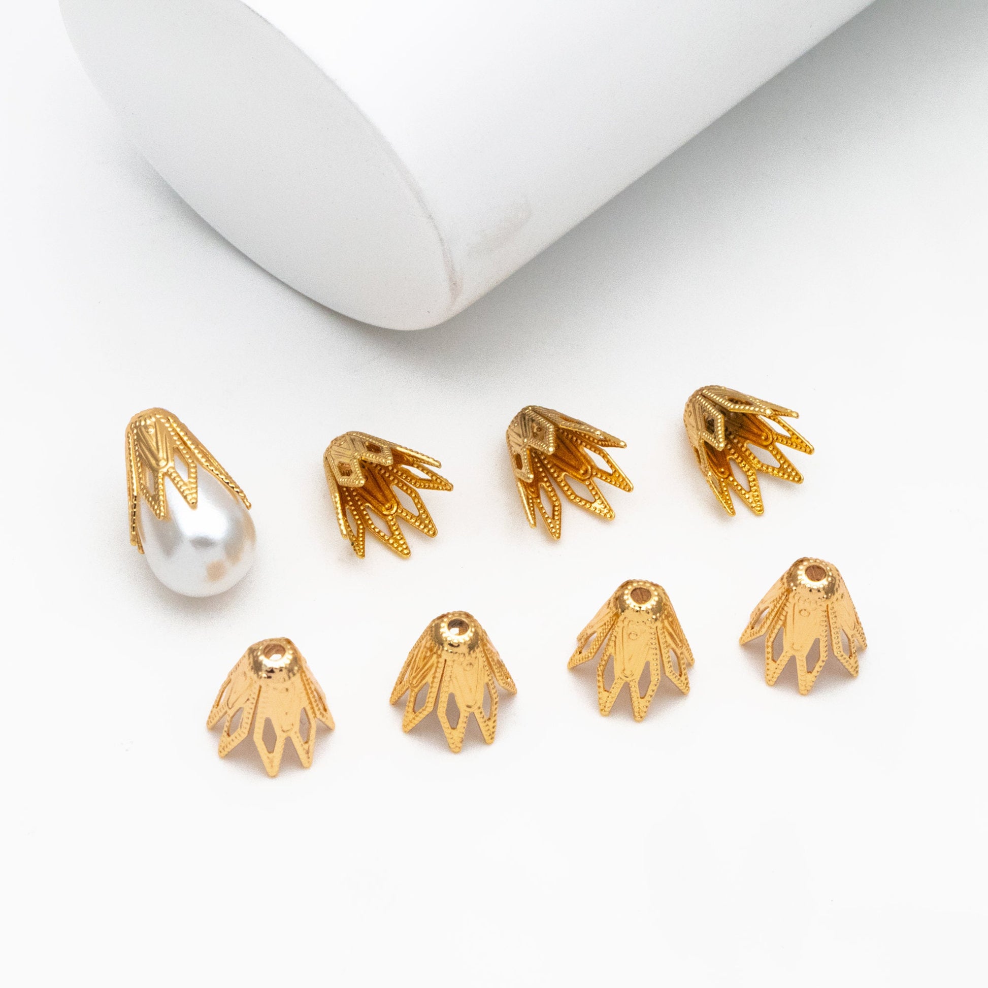 10pcs Gold Filigree Bead Caps 10x9mm, Fit 8-9mm Teardrop Beads, Gold plated Brass Floral Tassel Caps (GB-195)