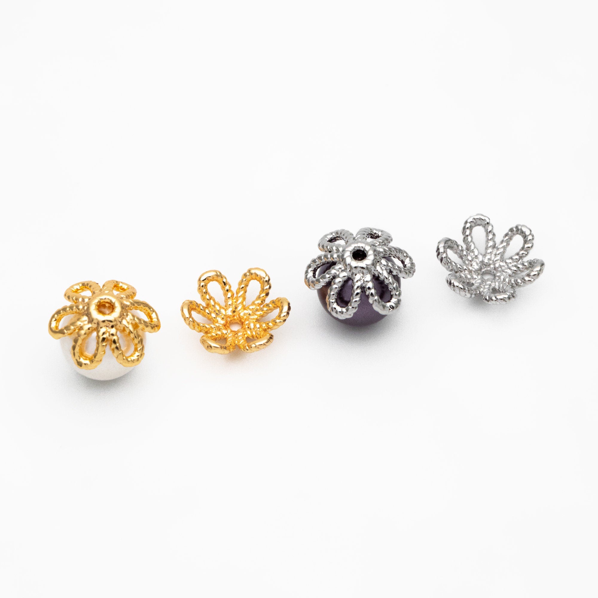 20pcs Gold/ Silver Floral Bead Caps 10mm, Fit 12mm Beads, Real Gold/ Rhodium plated Brass, Lead Nickel Free (GB-196)