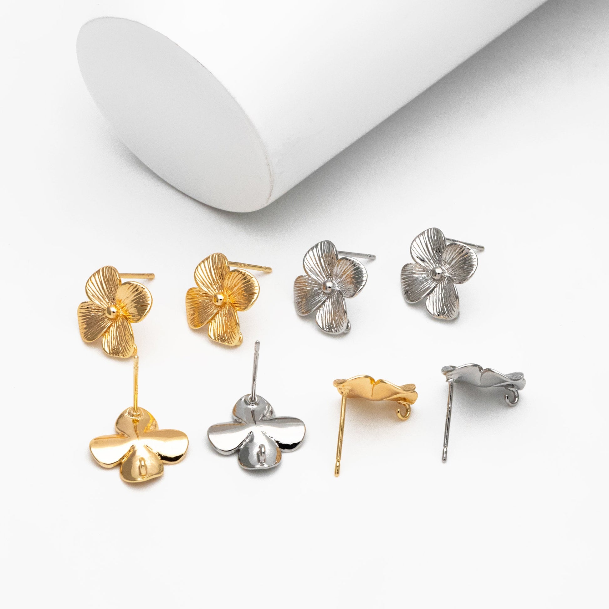 10pcs Gold/ Silver Flower Earring with Loop, 14mm, 18K Gold/ Rhodium plated Brass Floral Stud Earrings (GB-4278)