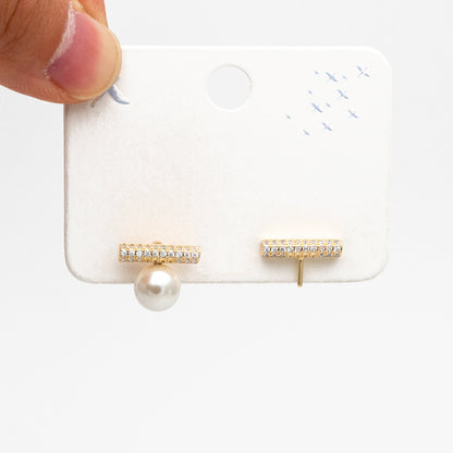 4pcs CZ Pave Gold Bar Earrings, Pearl Earring Mounts, Half Drilled Pearls Earring Settings (GB-4279)