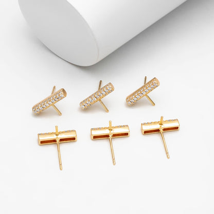 4pcs CZ Pave Gold Bar Earrings, Pearl Earring Mounts, Half Drilled Pearls Earring Settings (GB-4279)