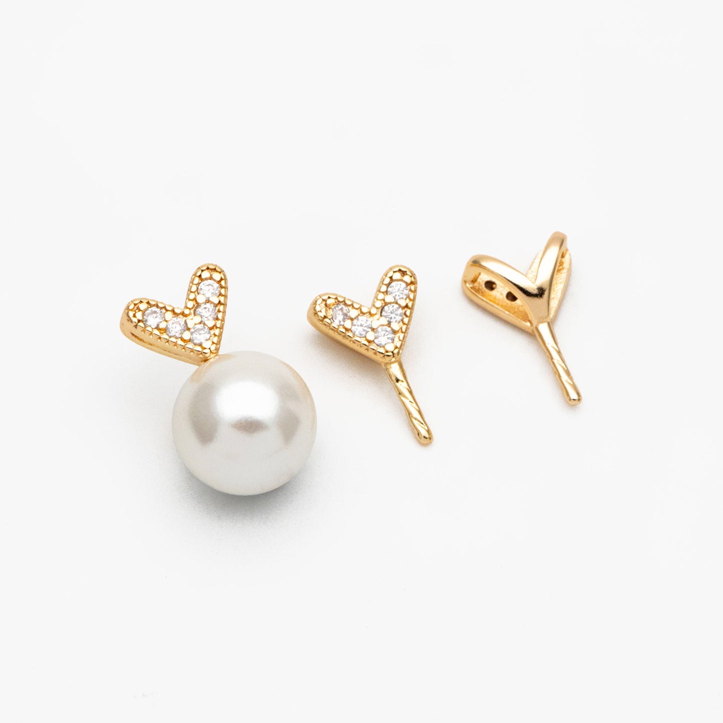 10pcs CZ Pave Gold Heart Bail, Real Gold plated Brass, Peg For Half Drilled Pearl Mounts, Peg Pearl Findings (GB-4280)