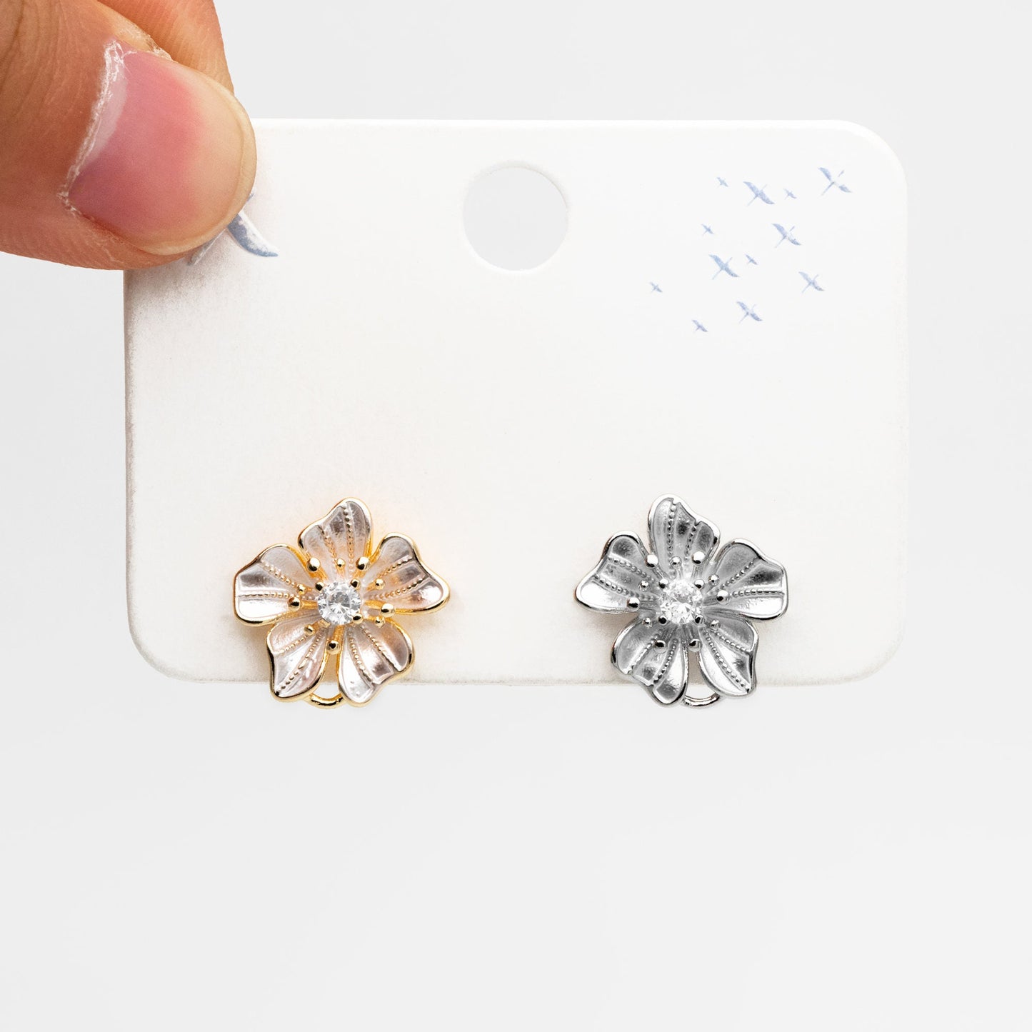 4pcs Gold/ Silver Tone Flower Earring with Loop, Gold/ Rhodium plated Brass, Floral Stud Earrings (GB-4282)