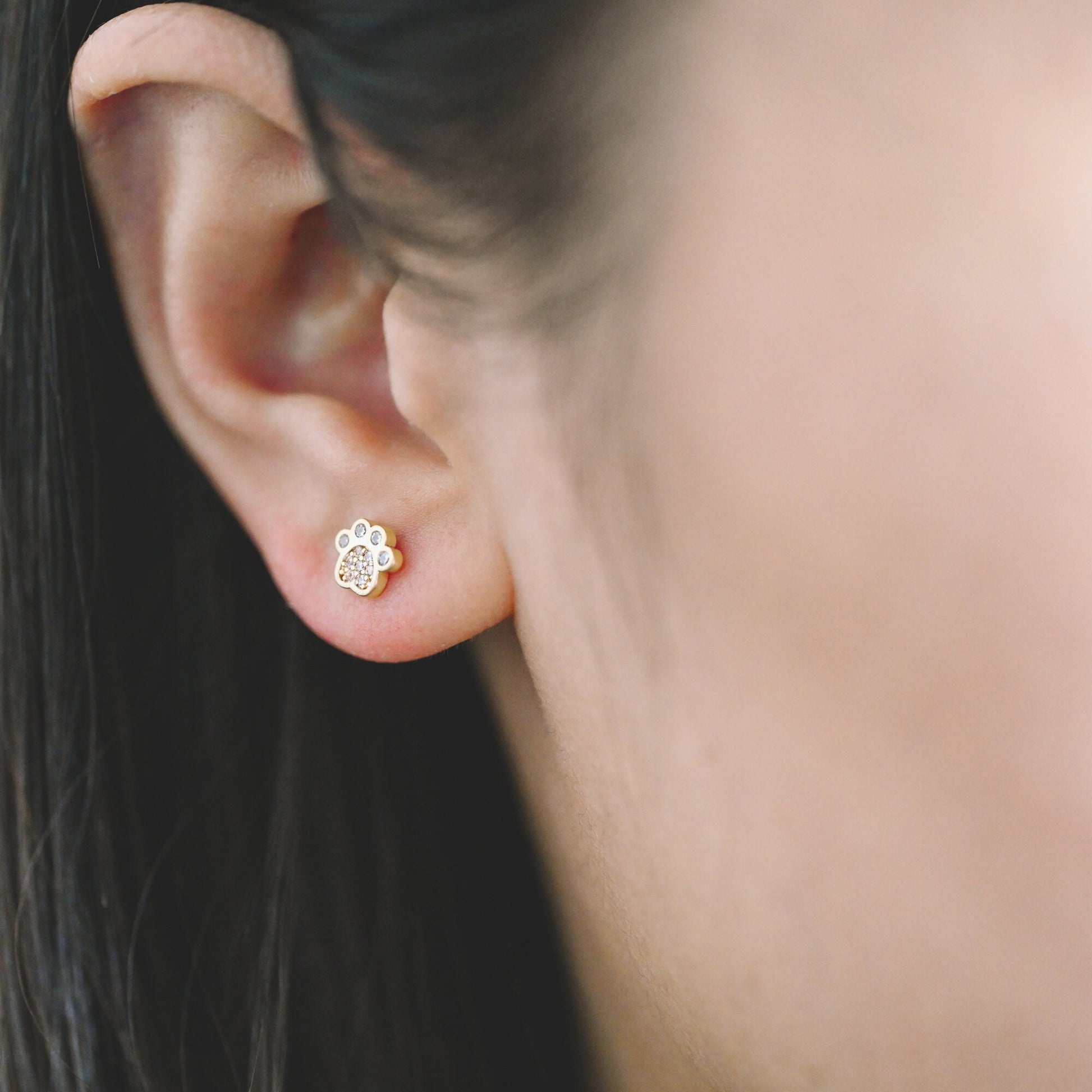 4pcs CZ Pave Gold Cat and Paw Asymmetry Earrings, Gold Plated Brass, Dainty Stud Earrings (GB-4096)