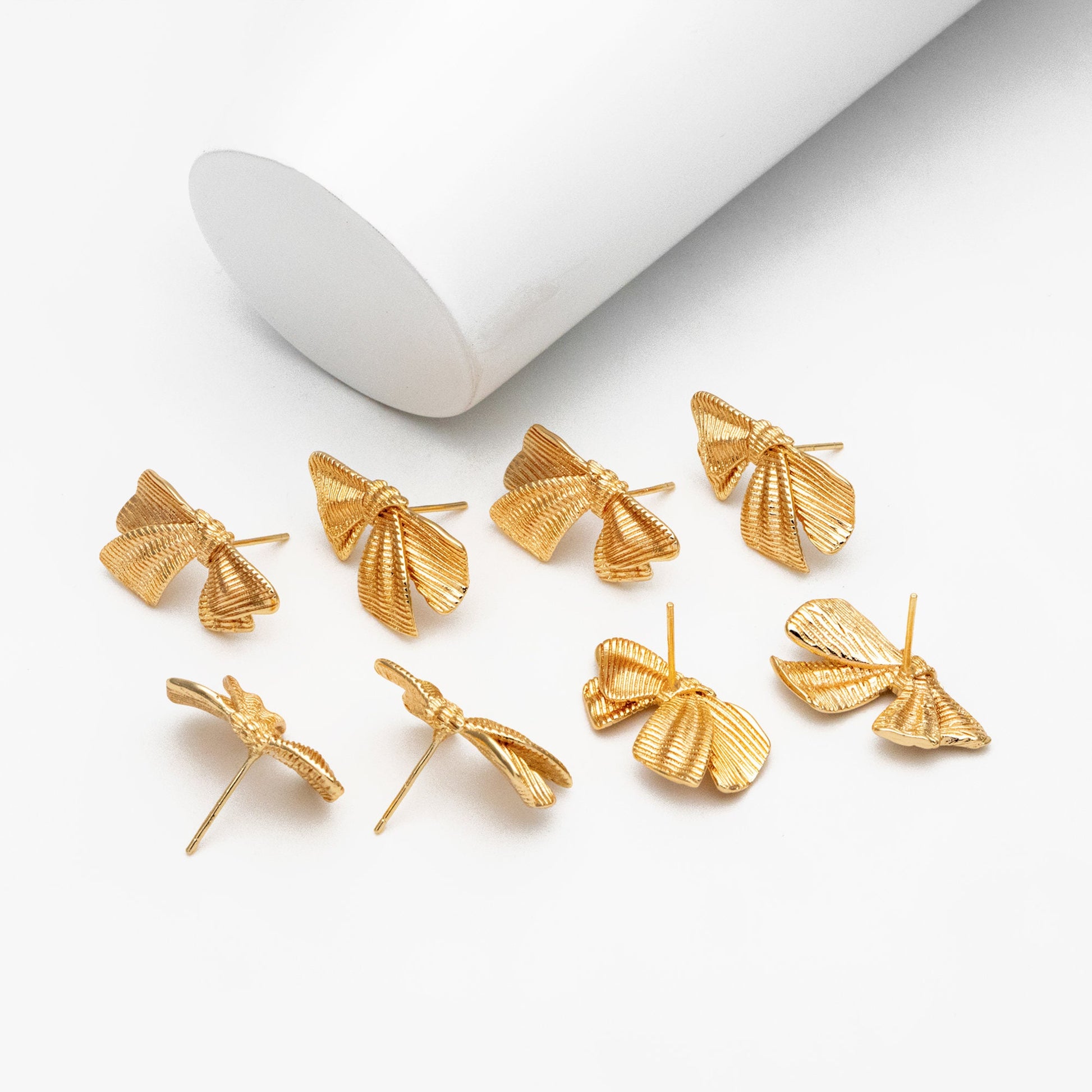 10pcs Gold Bowknot Earrings 23x13mm, 18K Real Gold plated Brass, Bow Knot Stud Earring (GB-4330)