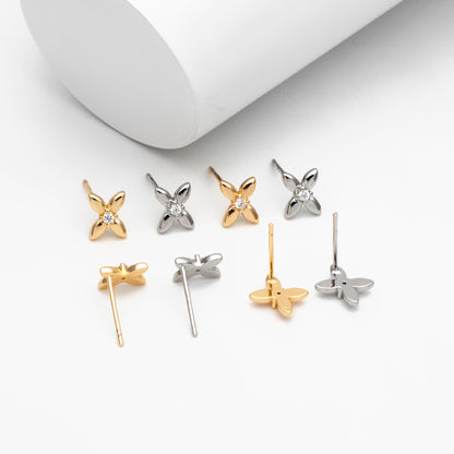 10pcs CZ Pave Gold/ Silver Tone Flower Earrings, Gold/ Rhodium Plated Brass, Dainty Flower Stud Earrings (GB-4332)