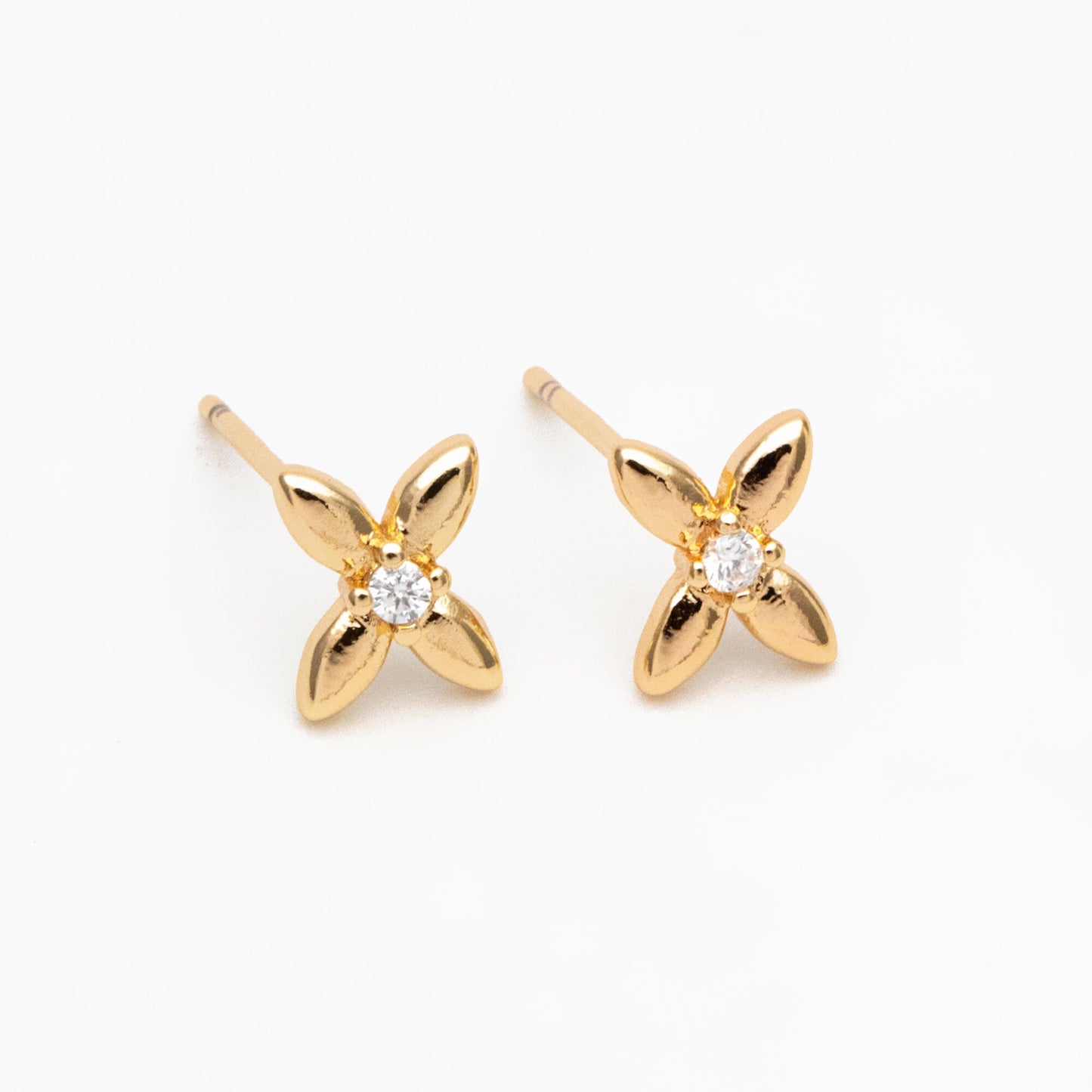 10pcs CZ Pave Gold/ Silver Tone Flower Earrings, Gold/ Rhodium Plated Brass, Dainty Flower Stud Earrings (GB-4332)