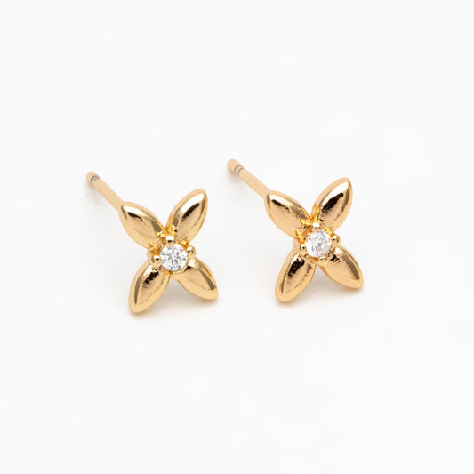 10pcs CZ Pave Gold/ Silver Tone Flower Earrings, Gold/ Rhodium Plated Brass, Dainty Flower Stud Earrings (GB-4332)
