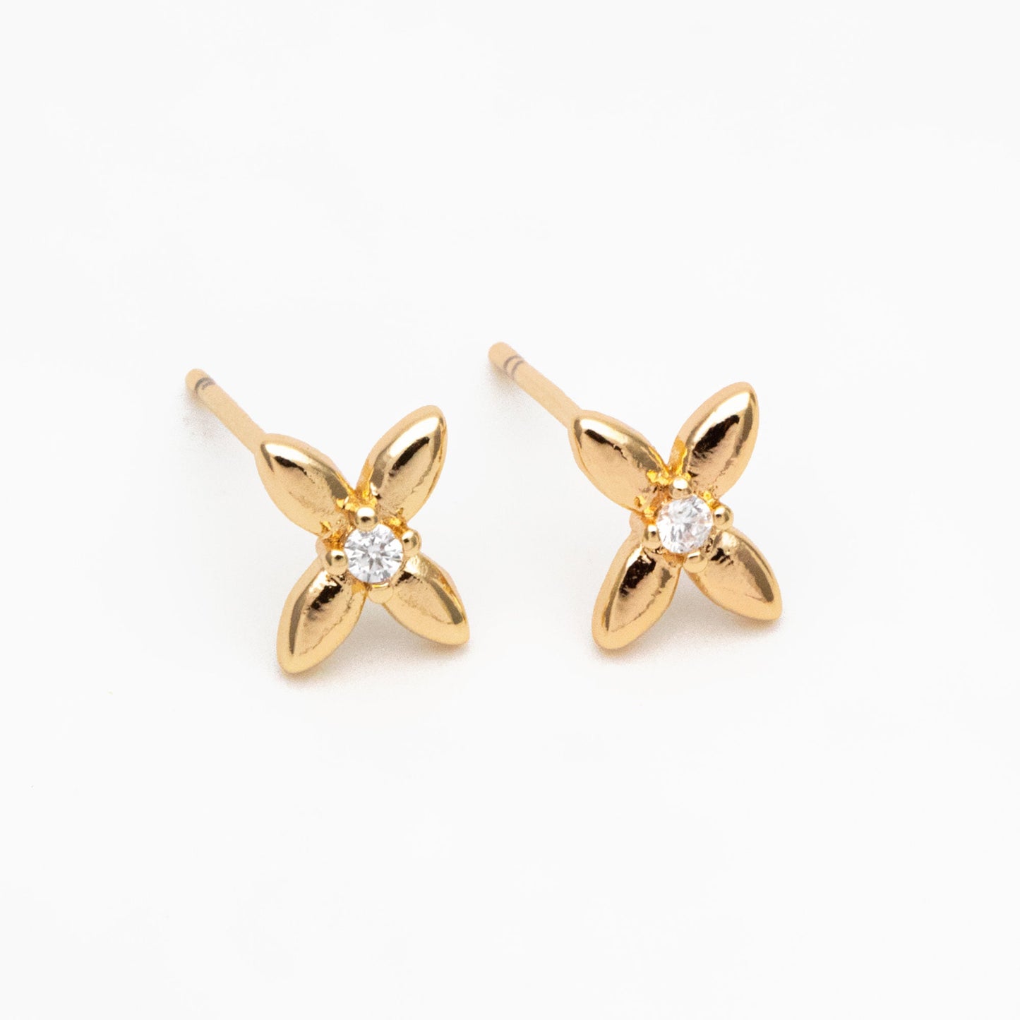10pcs CZ Pave Gold/ Silver Tone Flower Earrings, Gold/ Rhodium Plated Brass, Dainty Flower Stud Earrings (GB-4332)