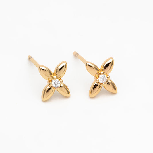 10pcs CZ Pave Gold/ Silver Tone Flower Earrings, Gold/ Rhodium Plated Brass, Dainty Flower Stud Earrings (GB-4332)