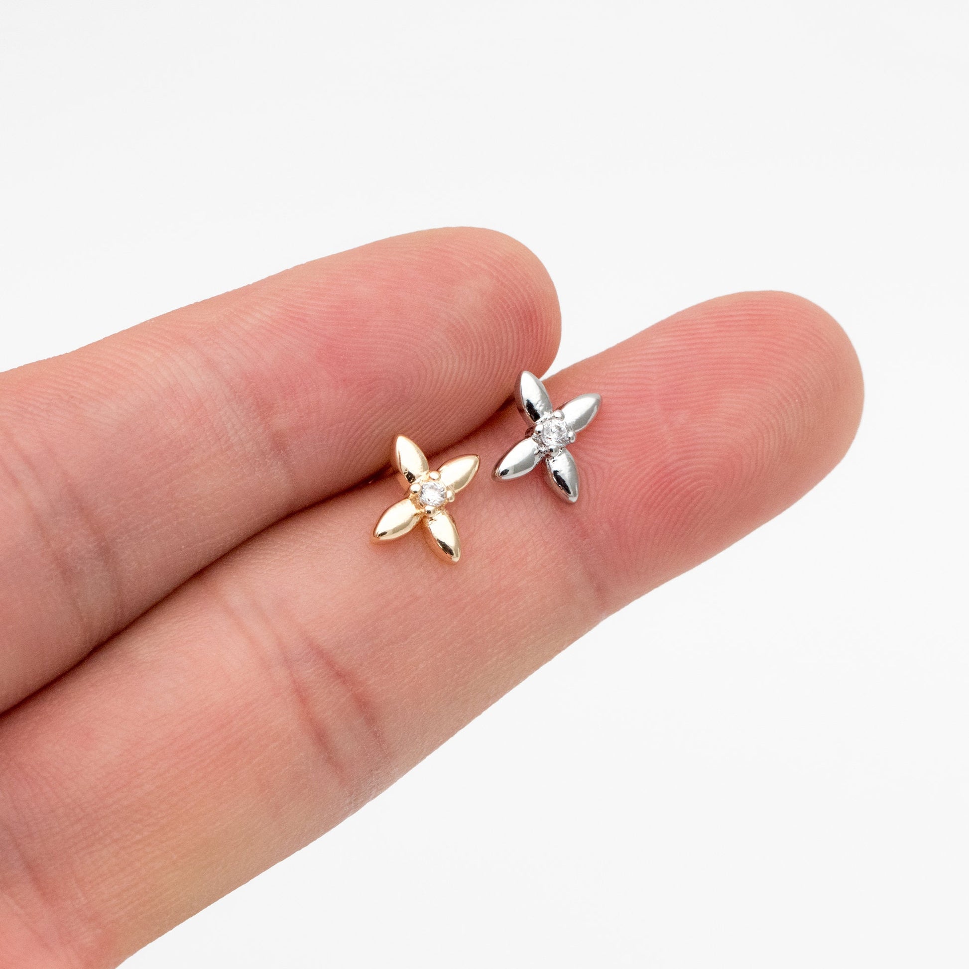 10pcs CZ Pave Gold/ Silver Tone Flower Earrings, Gold/ Rhodium Plated Brass, Dainty Flower Stud Earrings (GB-4332)