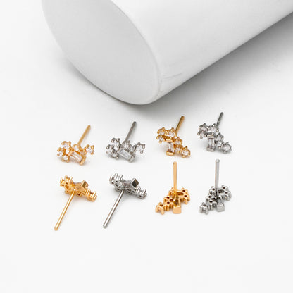 10pcs Gold/ Silver Tone CZ Cluster Geometric Stud Earrings, 18K Gold/ Rhodium Plated Brass, Cubic Zirconia Earrings (#GB-4335)