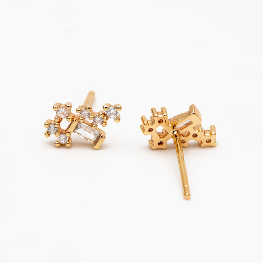 10pcs Gold/ Silver Tone CZ Cluster Geometric Stud Earrings, 18K Gold/ Rhodium Plated Brass, Cubic Zirconia Earrings (#GB-4335)