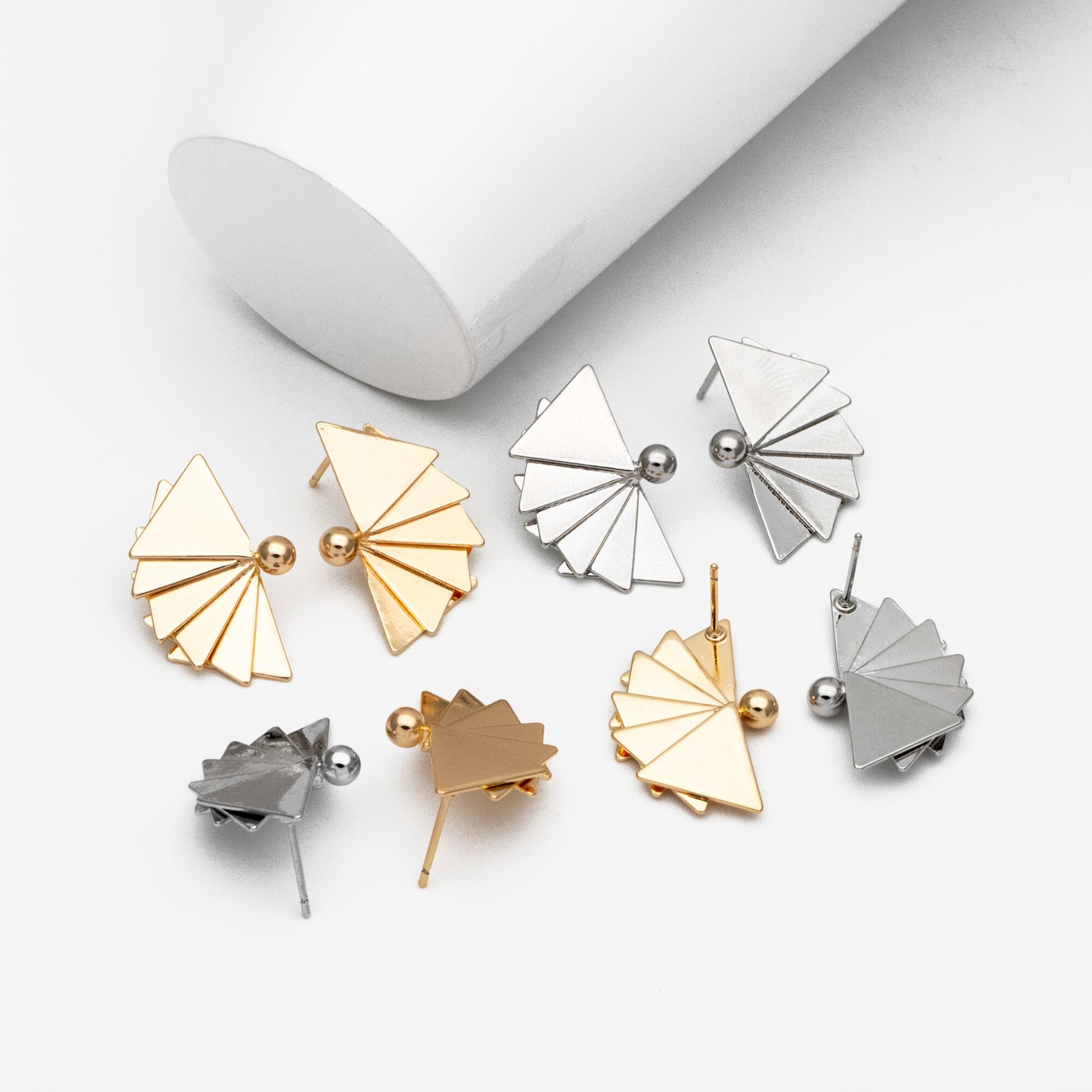 4pcs Gold/ Silver Tone Fan Shape Earrings, Gold/ Rhodium Plated Brass Fan Stud Earrings (GB-4336)