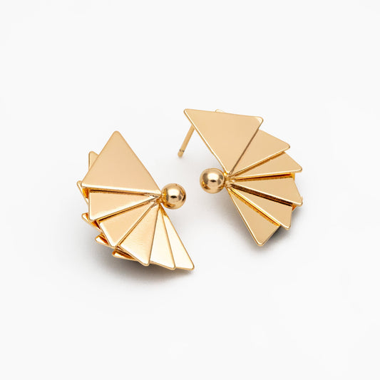 4pcs Gold/ Silver Tone Fan Shape Earrings, Gold/ Rhodium Plated Brass Fan Stud Earrings (GB-4336)
